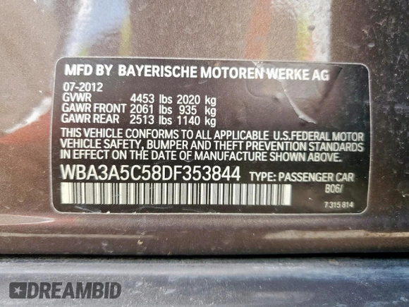 2013 BMW 3 Series 328i с VIN WBA3A5C58DF353844, выставлен на аукционе Copart как лот 61845725 с пробегом 140 830 миль миль и Чистый • Clean title. История ставок и продаж доступна на DreamBid. Изображение 12.
