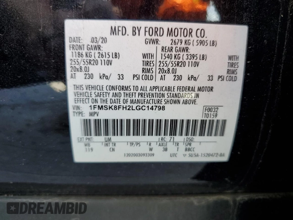 2020 Ford Explorer Limited с VIN 1FMSK8FH2LGC14798, выставлен на аукционе Copart как лот 55860595 с пробегом 87 479 миль миль и Списание • Salvage title. История ставок и продаж доступна на DreamBid. Изображение 13.