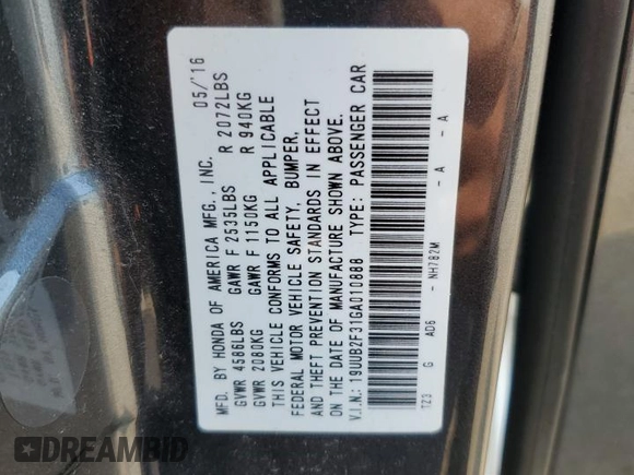 2016 Acura TLX V6 with VIN 19UUB2F31GA010888, listed as a Copart auction lot 60006605 with 82,891 mi miles and Clean title. Bid and sale history available at DreamBid. Image 12.