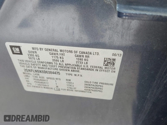 2013 Chevrolet Equinox LT with VIN 2GNFLNEK6D6384475, listed as a IAAI auction lot 42675886 with 126,704 mi miles and . Bid and sale history available at DreamBid. Image 9.