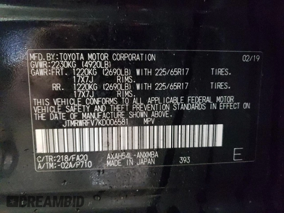 2019 Toyota RAV4 Hybrid XLE with VIN JTMRWRFV7KD006581, listed as a Copart auction lot 48137945 with 73,105 mi miles and Salvage Title. Bid and sale history available at carsss.com. Image 13.