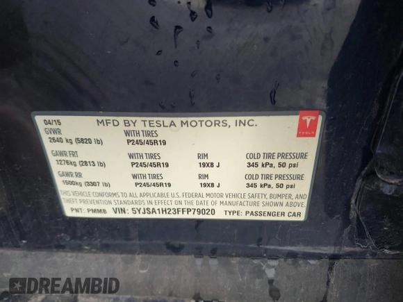 2015 Tesla Model S 85D with VIN 5YJSA1H23FFP79020, listed as a IAAI auction lot 41819392 with Not Provided miles. Bid and sale history available at carsss.com. Image 8.