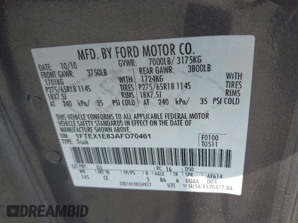 2010 Ford F-150 XL with VIN 1FTEX1E83AFD70461, listed as a IAAI auction lot 42438962 with 234,709 mi miles and . Bid and sale history available at DreamBid. Image 9.