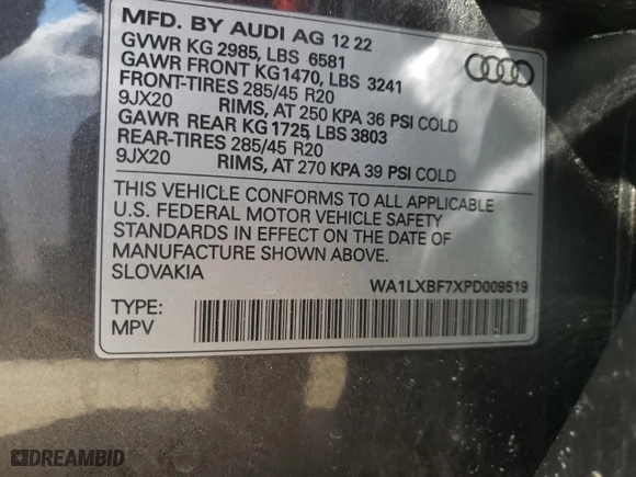 2023 Audi Q7 Premium Plus with VIN WA1LXBF7XPD009519, listed as a Copart auction lot 47774675 with 37,432 mi miles and Salvage Title. Bid and sale history available at carsss.com. Image 13.
