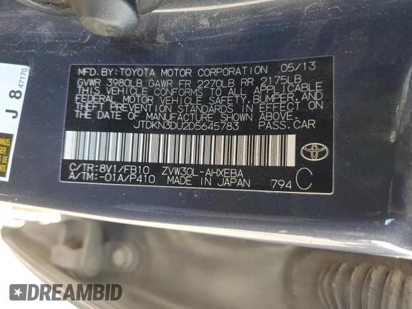 2013 Toyota Prius One with VIN JTDKN3DU2D5645783, listed as a Copart auction lot 55699835 with 285,560 mi miles and Clean Title. Bid and sale history available at carsss.com. Image 12.