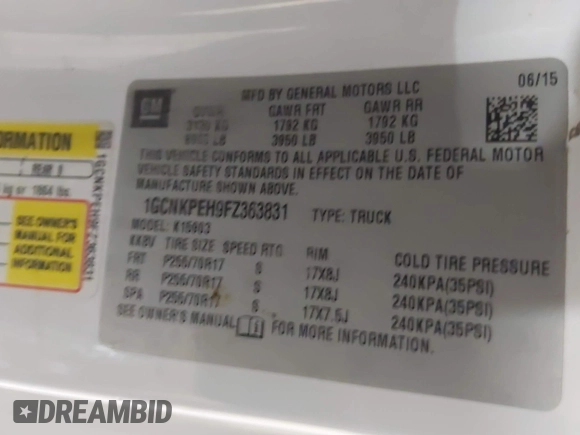 2015 Chevrolet Silverado 1500 Work Truck with VIN 1GCNKPEH9FZ363831, listed as a IAAI auction lot 41368070 with 104,650 mi miles. Bid and sale history available at carsss.com. Image 9.