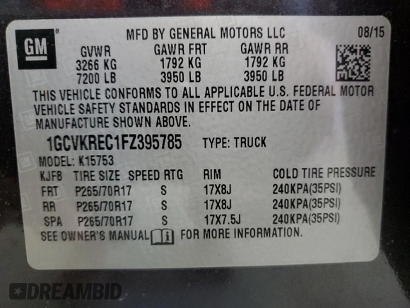 2015 Chevrolet Silverado 1500 LT with VIN 1GCVKREC1FZ395785, listed as a Copart auction lot 55074705 with 158,944 mi miles and Clean Title. Bid and sale history available at carsss.com. Image 12.