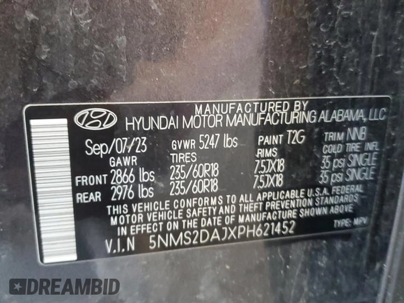 2023 Hyundai Santa Fe SEL z VIN 5NMS2DAJXPH621452, wystawiony jako Copart lot #56757775 z przebiegiem 26 715 mil mil oraz Szkoda całkowita • Salvage title. Historia ofert i sprzedaży dostępna na DreamBid. Obrazek 14.