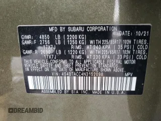 2022 Subaru Outback Premium с VIN 4S4BTACC4N3152098, выставлен на аукционе Copart как лот 44404355 с пробегом 46 994 миль миль и На запчасти • Non repairable. История ставок и продаж доступна на DreamBid. Изображение 12.