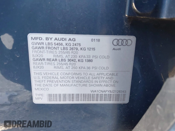 2018 Audi Q5 Prestige with VIN WA1CNAFY9J2126343, listed as a IAAI auction lot 41171845 with 50,518 mi miles. Bid and sale history available at carsss.com. Image 9.