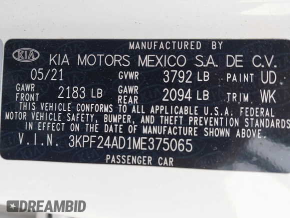 2021 Kia Forte LXS с VIN 3KPF24AD1ME375065, выставлен на аукционе IAAI как лот 42356572 с пробегом 83 025 миль миль и . История ставок и продаж доступна на DreamBid. Изображение 9.