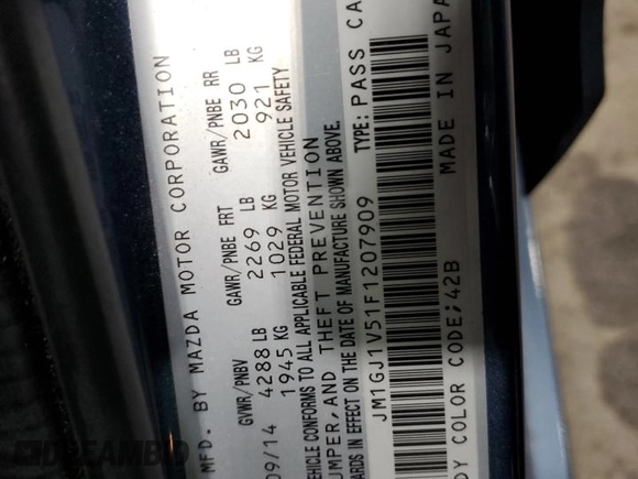 2015 Mazda 6 i Touring with VIN JM1GJ1V51F1207909, listed as a Copart auction lot 51362515 with 55,392 mi miles and Salvage Title. Bid and sale history available at carsss.com. Image 13.