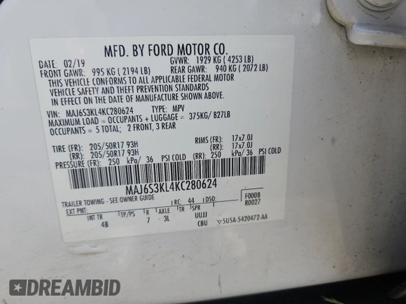 2019 Ford EcoSport Titanium z VIN MAJ6S3KL4KC280624, wystawiony jako Copart lot #57574955 z przebiegiem 122 900 mil mil oraz Tytuł czysty. Historia ofert i sprzedaży dostępna na DreamBid. Obrazek 10.