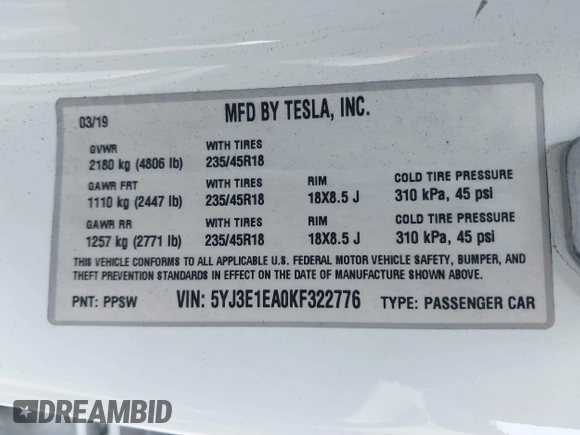 2019 Tesla Model 3 Mid Range z VIN 5YJ3E1EA0KF322776, wystawiony jako IAAI lot #41703368 z przebiegiem 131 264 mil mil oraz . Historia ofert i sprzedaży dostępna na DreamBid. Obrazek 9.