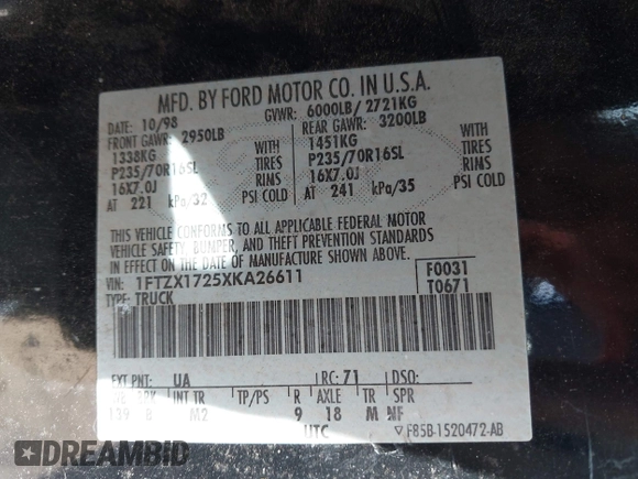 1999 Ford F-150 z VIN 1FTZX1725XKA26611, wystawiony jako IAAI lot #42037812 z przebiegiem Nie podano mil oraz . Historia ofert i sprzedaży dostępna na DreamBid. Obrazek 9.