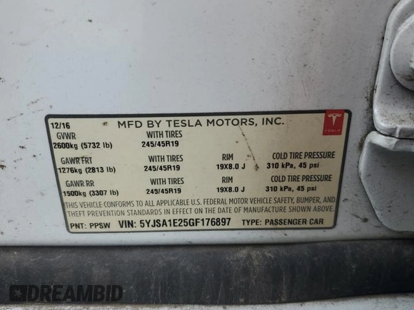2016 Tesla Model S 90D with VIN 5YJSA1E25GF176897, listed as a Copart auction lot 65610575 with Not provided miles and Clean title. Bid and sale history available at DreamBid. Image 13.