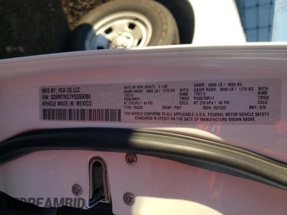 2023 Ram 1500 Tradesman with VIN 3C6RR7KG7PG555086, listed as a Copart auction lot 79924014 with 35,476 mi miles and Salvage title. Bid and sale history available at DreamBid. Image 12.