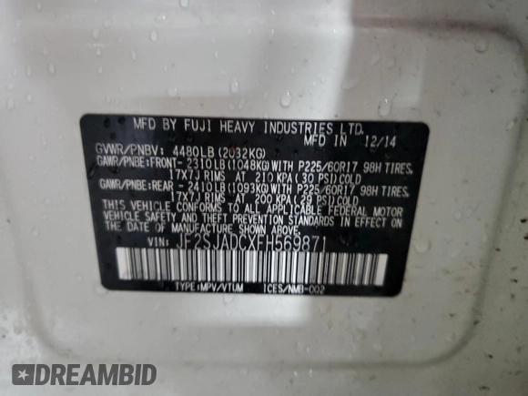 2015 Subaru Forester 2.5i Premium with VIN JF2SJADCXFH569871, listed as a Copart auction lot 52461345 with 124,030 mi miles and Salvage Title. Bid and sale history available at carsss.com. Image 14.