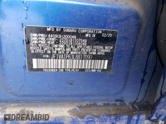 2020 Subaru WRX Limited with VIN JF1VA1P63L8817090, listed as a Copart auction lot 52309665 with Not provided miles and Salvage title. Bid and sale history available at DreamBid. Image 12.
