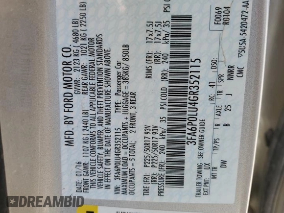 2016 Ford Fusion SE Hybrid with VIN 3FA6P0LU4GR352115, listed as a Copart auction lot 50616775 with 86,579 mi miles and Salvage title. Bid and sale history available at DreamBid. Image 12.