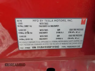 2016 Tesla Model S 90D with VIN 5YJSA1E43GF141843, listed as a Copart auction lot 51788965 with 59,744 mi miles and Salvage Title. Bid and sale history available at DreamBid. Image 12.