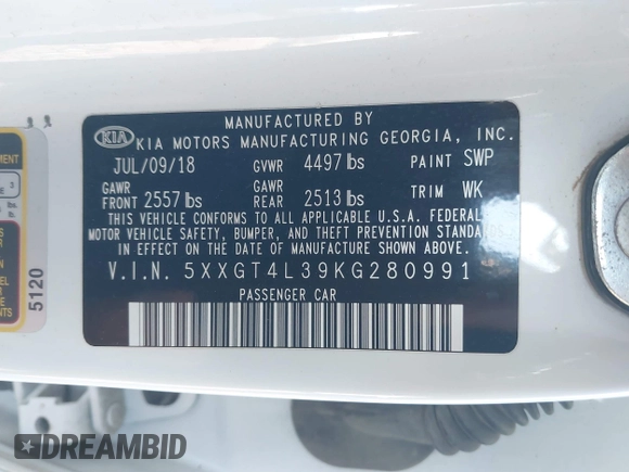 2019 Kia Optima LX with VIN 5XXGT4L39KG280991, listed as a IAAI auction lot 41639322 with 107,039 mi miles. Bid and sale history available at carsss.com. Image 9.