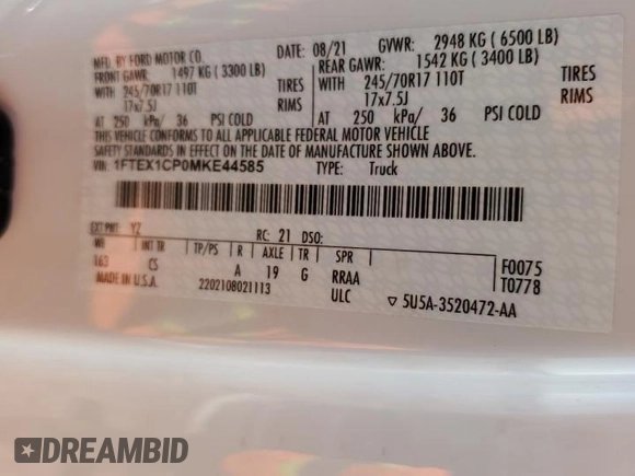 2021 Ford F-150 XL with VIN 1FTEX1CP0MKE44585, listed as a Copart auction lot 48280755 with 73,087 mi miles and Salvage title. Bid and sale history available at DreamBid. Image 12.