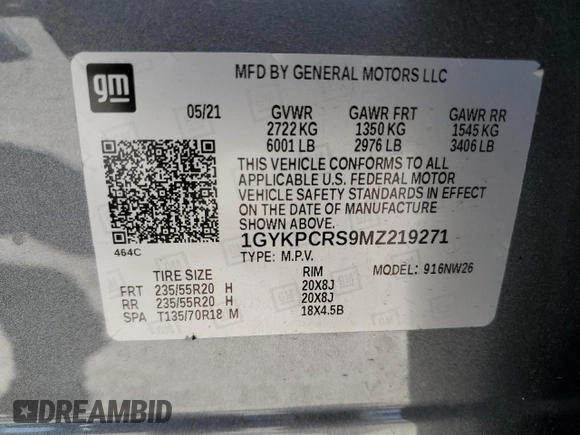 2021 Cadillac XT6 Premium Luxury with VIN 1GYKPCRS9MZ219271, listed as a Copart auction lot 51994715 with 44,616 mi miles and Salvage title. Bid and sale history available at DreamBid. Image 15.