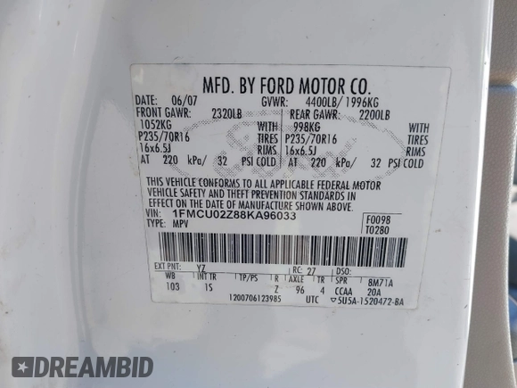 2008 Ford Escape XLS with VIN 1FMCU02Z88KA96033, listed as a IAAI auction lot 41832728 with 272,932 mi miles and . Bid and sale history available at DreamBid. Image 9.