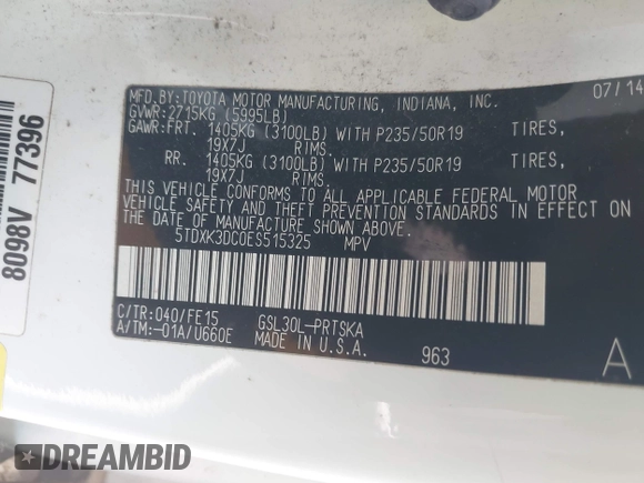 2014 Toyota Sienna SE z VIN 5TDXK3DC0ES515325, wystawiony jako IAAI lot #42520007 z przebiegiem 155 649 mil mil oraz . Historia ofert i sprzedaży dostępna na DreamBid. Obrazek 9.