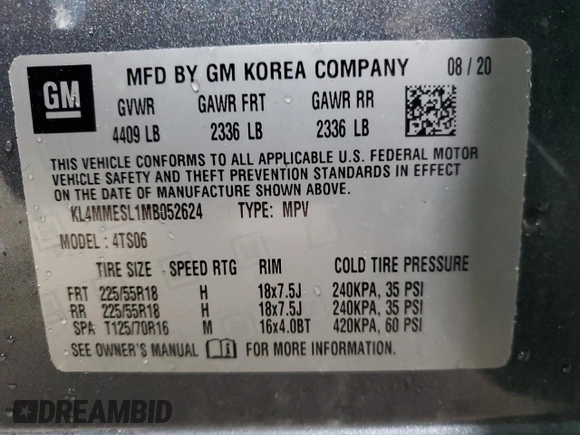 2021 Buick Encore GX Select с VIN KL4MMESL1MB052624, выставлен на аукционе Copart как лот 57785175 с пробегом 32 958 миль миль и Списание • Salvage title. История ставок и продаж доступна на DreamBid. Изображение 14.