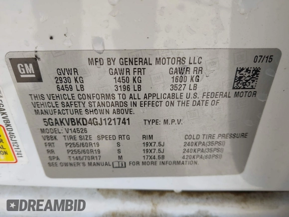 2016 Buick Enclave Leather with VIN 5GAKVBKD4GJ121741, listed as a IAAI auction lot 41774562 with 144,946 mi miles and . Bid and sale history available at carsss.com. Image 9.
