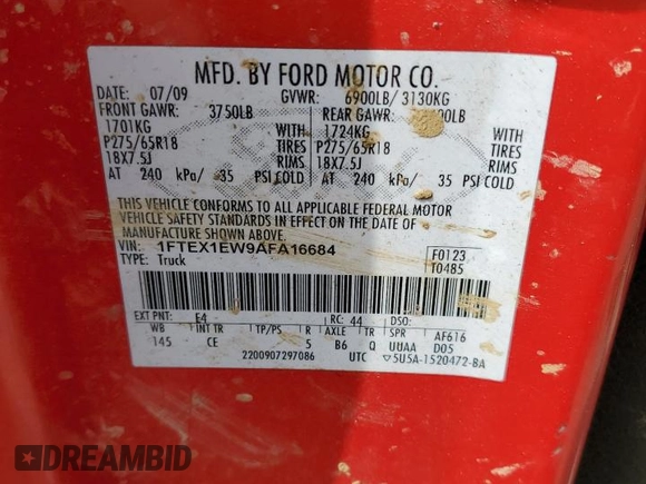 2010 Ford F-150 XL with VIN 1FTEX1EW9AFA16684, listed as a Copart auction lot 54856885 with 168,698 mi miles and Non repairable. Bid and sale history available at DreamBid. Image 13.