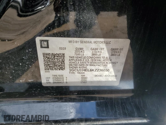 2019 Chevrolet Silverado 1500 High Country with VIN 1GCUYHEL6KZ236050, listed as a Copart auction lot 52505285 with 105,462 mi miles and Salvage Title. Bid and sale history available at carsss.com. Image 12.