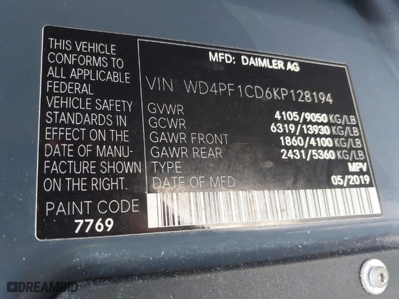 2019 Mercedes-Benz Sprinter Cargo Van with VIN WD4PF1CD6KP128194, listed as a IAAI auction lot 41799320 with 111,189 mi miles. Bid and sale history available at carsss.com. Image 9.