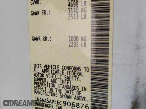 2014 Nissan Maxima SV with VIN 1N4AA5AP5EC906876, listed as a Copart auction lot 56054725 with 89,385 mi miles and Salvage title. Bid and sale history available at DreamBid. Image 13.