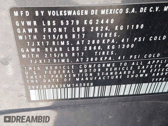 2019 Volkswagen Tiguan SE with VIN 3VV2B7AX3KM143968, listed as a IAAI auction lot 39838788 with 155,823 mi miles and . Bid and sale history available at DreamBid. Image 9.