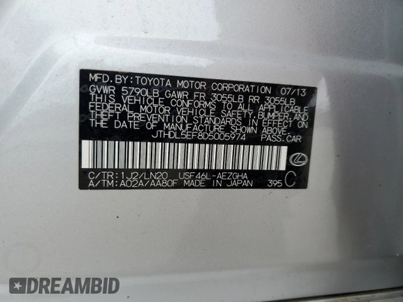2013 Lexus LS 460 L with VIN JTHDL5EF8D5005974, listed as a Copart auction lot 57860925 with 80,831 mi miles and Salvage title. Bid and sale history available at DreamBid. Image 13.