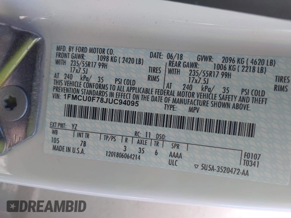 2018 Ford Escape S with VIN 1FMCU0F78JUC94095, listed as a IAAI auction lot 41779377 with 110,258 mi miles and . Bid and sale history available at carsss.com. Image 9.