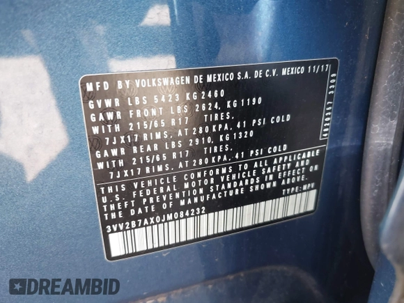 2018 Volkswagen Tiguan SEL z VIN 3VV2B7AX0JM084232, wystawiony jako IAAI lot #42726306 z przebiegiem 97 624 mil mil oraz . Historia ofert i sprzedaży dostępna na DreamBid. Obrazek 9.