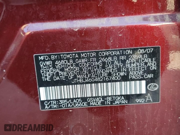 2008 Lexus ES with VIN JTHBJ46G482167400, listed as a Copart auction lot 55531835 with 252,260 mi miles and Clean Title. Bid and sale history available at carsss.com. Image 12.