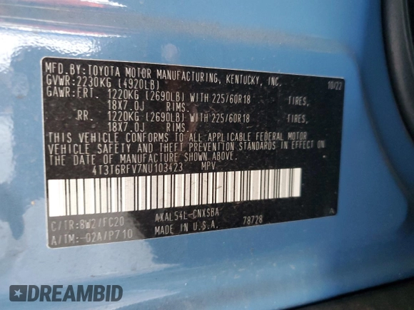 2022 Toyota RAV4 Hybrid SE with VIN 4T3T6RFV7NU103423, listed as a Copart auction lot 59709215 with 27,595 mi miles and Salvage title. Bid and sale history available at DreamBid. Image 13.