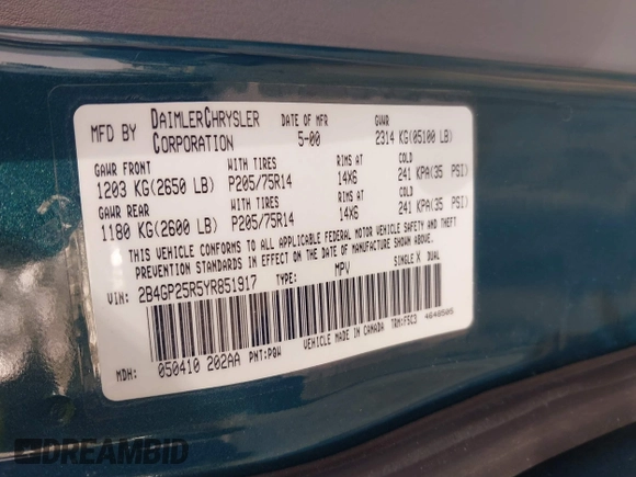 2000 Dodge Caravan with VIN 2B4GP25R5YR851917, listed as a IAAI auction lot 41833056 with 176,863 mi miles and . Bid and sale history available at DreamBid. Image 9.