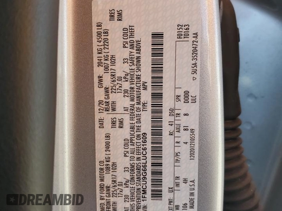 2020 Ford Escape SE с VIN 1FMCU9G66LUC61609, выставлен на аукционе Copart как лот 53949895 с пробегом 32 020 миль миль и Списание • Salvage title. История ставок и продаж доступна на DreamBid. Изображение 13.