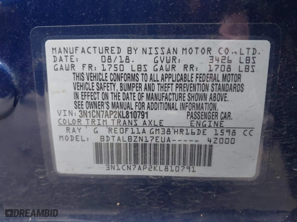 2019 Nissan Versa Sedan SV with VIN 3N1CN7AP2KL810791, listed as a IAAI auction lot 41324407 with 48,382 mi miles. Bid and sale history available at carsss.com. Image 9.