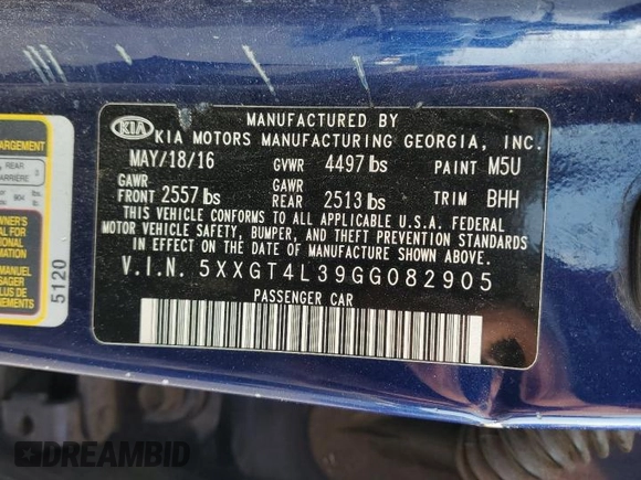 2016 Kia Optima LX with VIN 5XXGT4L39GG082905, listed as a Copart auction lot 61793235 with 187,895 mi miles and Salvage title. Bid and sale history available at DreamBid. Image 12.