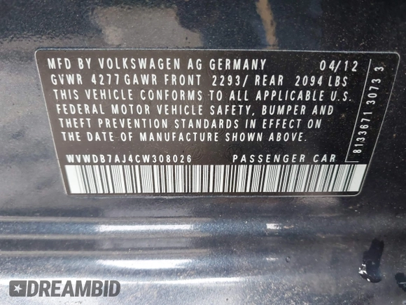 2012 Volkswagen Golf with VIN WVWDB7AJ4CW308026, listed as a IAAI auction lot 41553950 with 151,000 mi miles and . Bid and sale history available at DreamBid. Image 9.