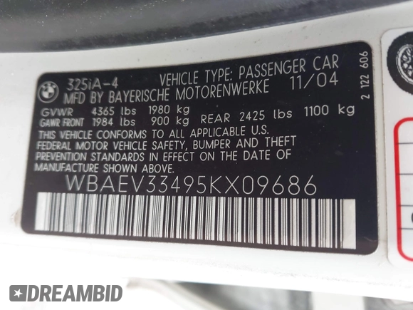 2005 BMW 3 Series 325i with VIN WBAEV33495KX09686, listed as a IAAI auction lot 42040947 with 125,221 mi miles and . Bid and sale history available at DreamBid. Image 9.