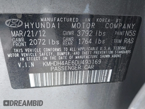 2013 Hyundai Elantra Limited with VIN KMHDH4AE6DU493169, listed as a IAAI auction lot 41507048 with 89,404 mi miles and . Bid and sale history available at DreamBid. Image 9.