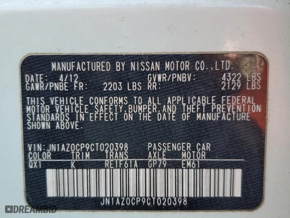 2012 Nissan LEAF SL with VIN JN1AZ0CP9CT020398, listed as a Copart auction lot 50673605 with 61,038 mi miles and Salvage Title. Bid and sale history available at carsss.com. Image 12.